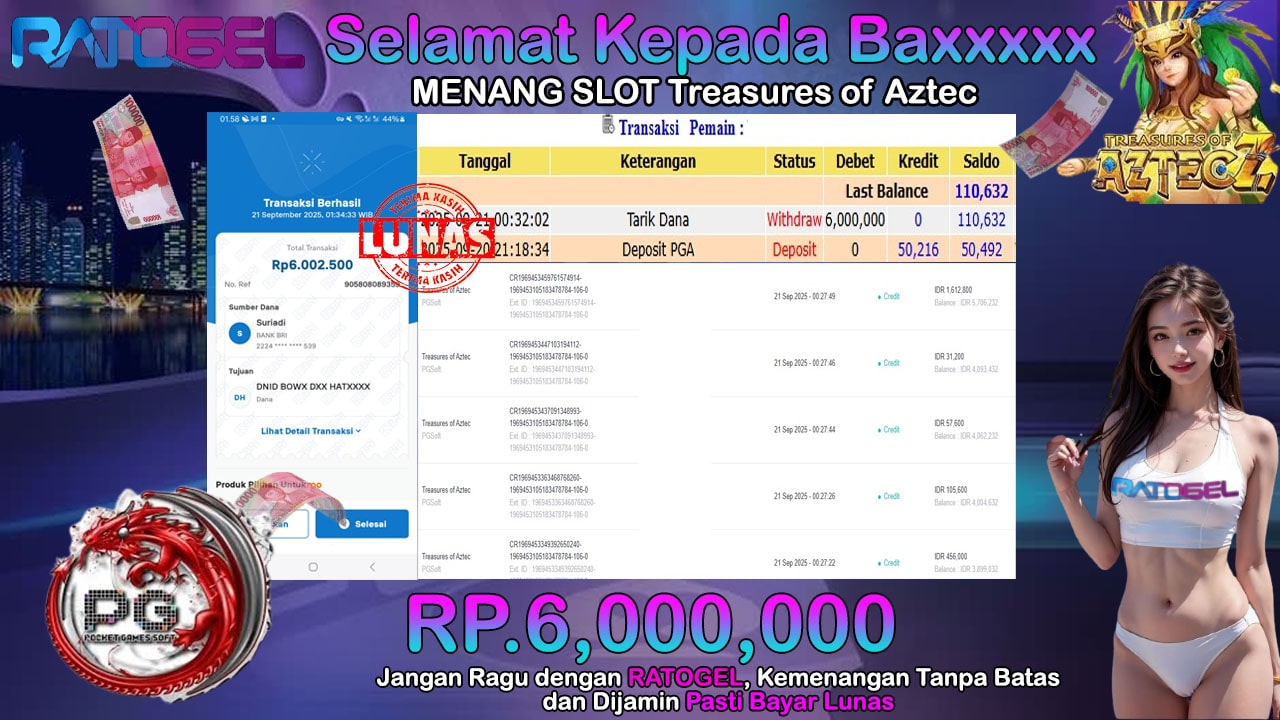 BUKTI JACKPOT SLOT TREASURES OF AZTEC TERPERCAYA DI INDONESIA TGL 21-09-2025